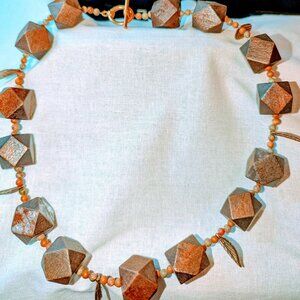 New brown wooden beads and gold leaf accent choker